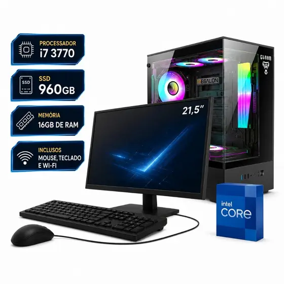 Computador PC Gamer Intel Core i7 3.6Ghz / Placa GeForce 4GB / 16GB RAM / SSD 960GB / Monitor 21,5"