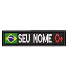 Tarja de Identificação COM Bandeira, Nome e Tipo Sanguíneo Bordado Tag com 10x2,5cm Fecho de Contato