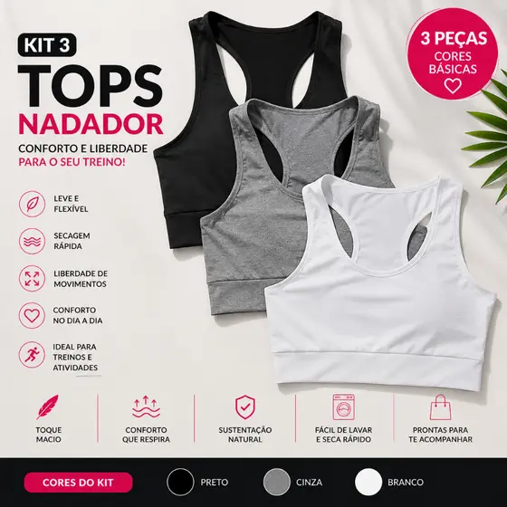 Kit 3 Tops Fitness Feminino Nadador Sem Bojo Academia Treino Suplex P ao G3