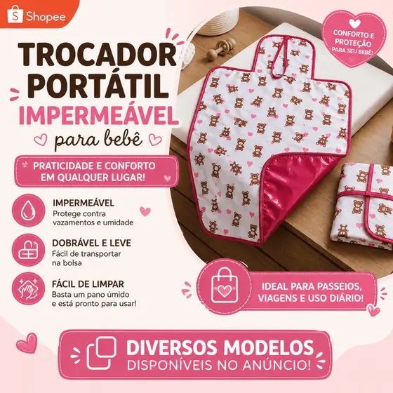 Trocador portátil impermeável estampado 80 x 45cm super compacto fácil limpeza envio rápido