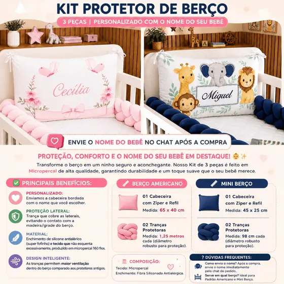 Kit Berço Americano ou Mini Berço personalizado Cabeceira Travesseiro c/ nome bordado + trança 2 pçs