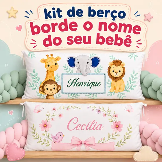Kit Berço Americano ou Mini Berço personalizado 3 pçs Menino Menina Travesseiro c/ nome bordado + 2 tranças 1,30m