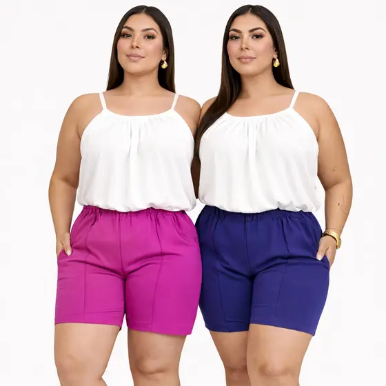 Shorts Bermuda Feminino Plus Size Tecido Duna Leve com elástico Shorts Verão