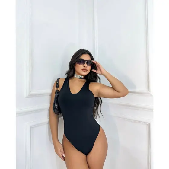 Body Feminino Regata Preto Suplex Gola V Básico (TAMANHO ÚNICO)