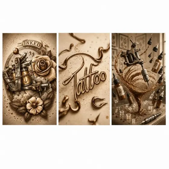 Kit 3 Quadros Decorativos Tattoo Marrom e Bege | Decoração Vintage para Estúdio de Tatuagem