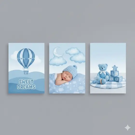 Kit 3 quadros decorativos quarto bebê menino azul nuvem balão borda infinita