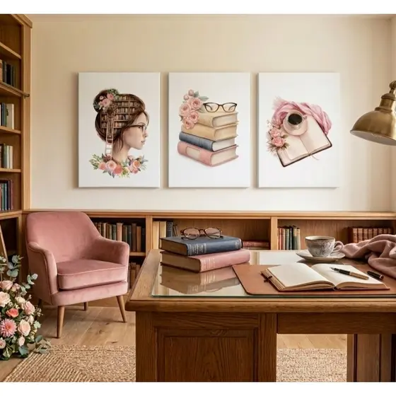 Kit com 3 Quadros Decorativos Cantinho de Estudos e Leitura