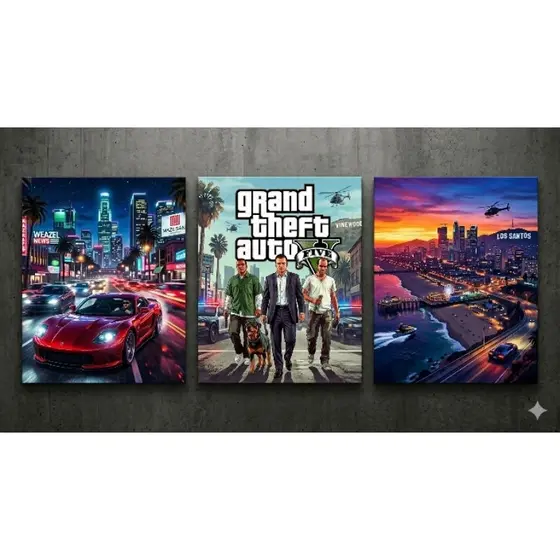 Kit 3 Quadros Decorativo Coleção Exclusiva GTA 5  Arte Gamer Moderna
