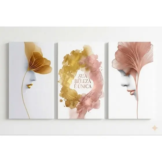 Kit 3 Quadros Decorativos Estúdio de Beleza Luxo - Rosé Gold e Dourado "Sua Beleza é Única"