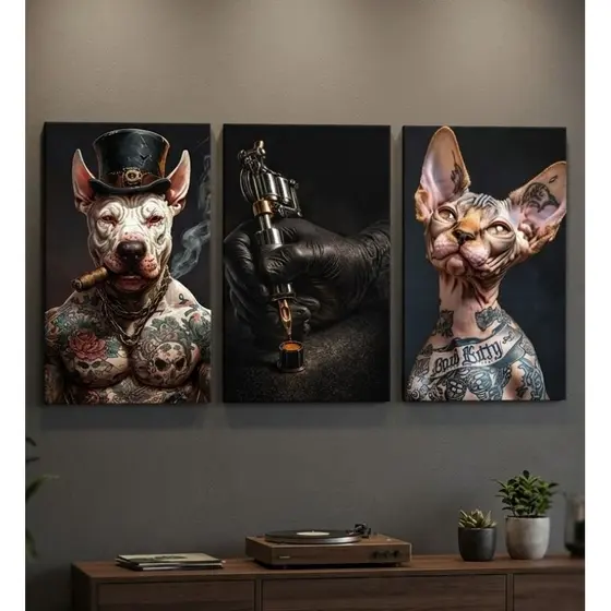 Kit 3 Quadros Decorativos Tattoo Dog & Cat - Estilo Tatuagem Bulldog e Gato Sphynx