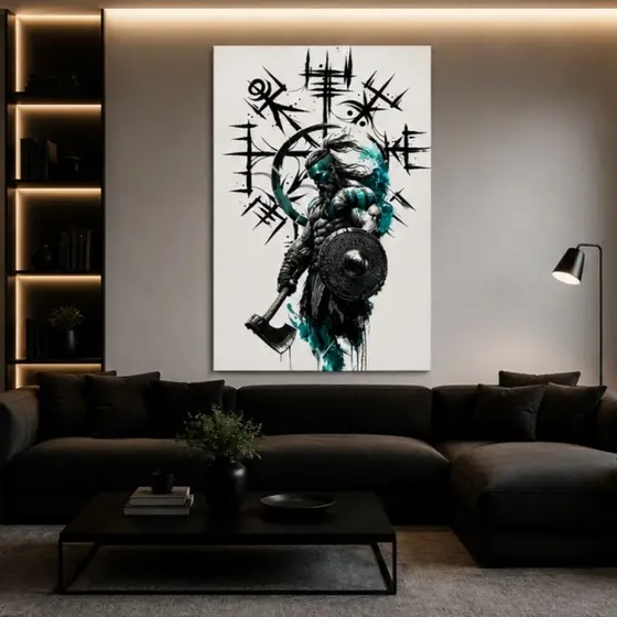 Quadro Viking Moderno Arte Nórdica Preto e Azul Turquesa