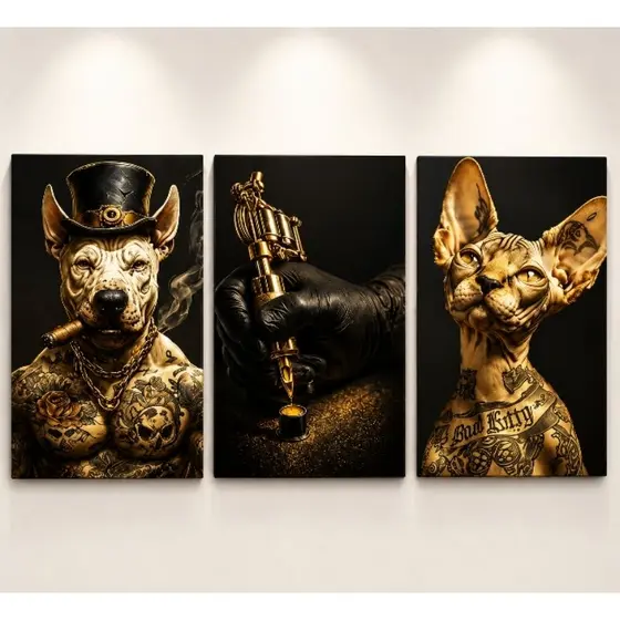 Quadros Decorativos amarelo Tattoo Dog & Cat - Estilo Tatuagem Bulldog e Gato Sphynx kit com 3 quadros