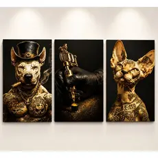 Quadros Decorativos amarelo Tattoo Dog & Cat - Estilo Tatuagem Bulldog e Gato Sphynx kit com 3 quadros