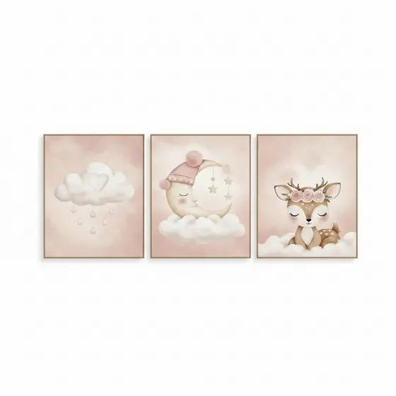 Kit 3 Quadros Infantis Menina Nuvem Lua e Cervo Rosa Borda Infinita – Quarto de Bebê Menina Boho Aquarela