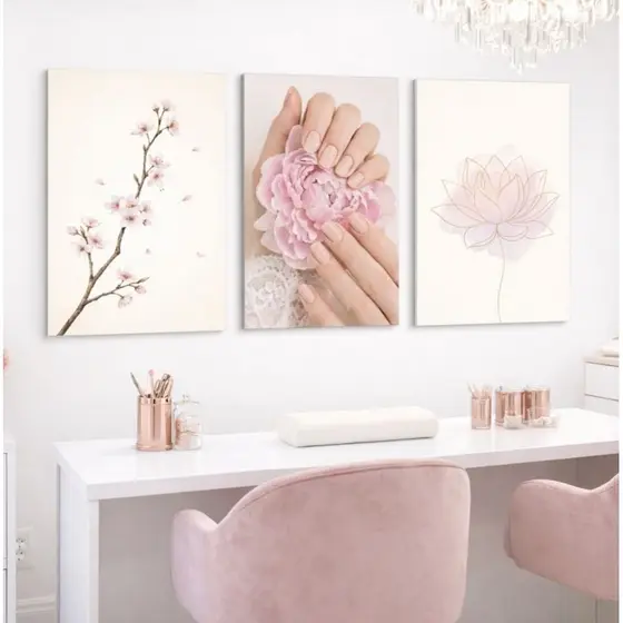 Kit 3 Quadros Floral Rosé para Salão de Beleza, Manicure, Estética e Decoração Feminina Moderna com Fundo Branco