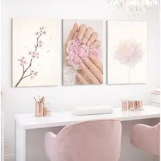 Kit 3 Quadros Floral Rosé para Salão de Beleza, Manicure, Estética e Decoração Feminina Moderna com Fundo Branco