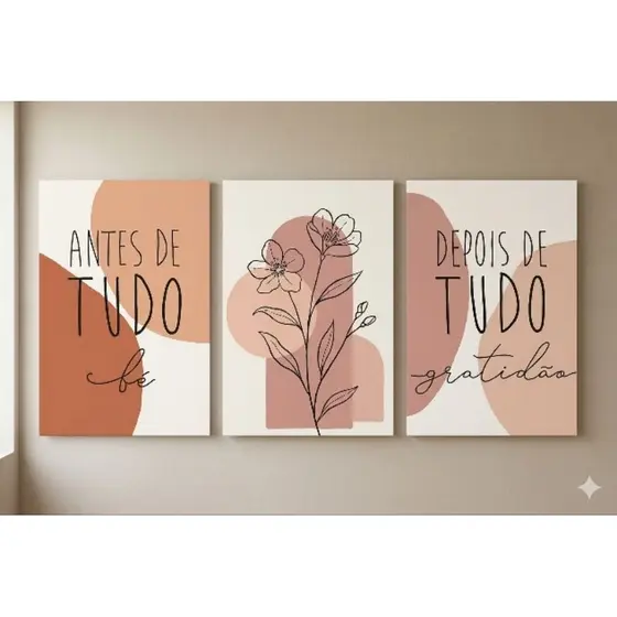 Kit de 3 quadros decorativos Minimalista - Antes de Tudo, Fé - Depois de Tudo, Gratidão