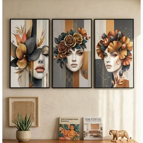 Kit 3 Quadros Sala e Quarto e estúdio de beleza Faces Femininas Arte Abstrata Ouro e Grafite