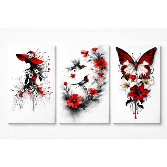 Kit 3 quadros arte floral vermelha e preta ideal para estúdio de beleza sala quarto escritório