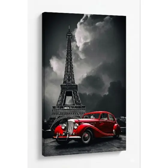 Quadro Decorativo Paris Vintage: Carro Clássico e Torre Eiffel Premium