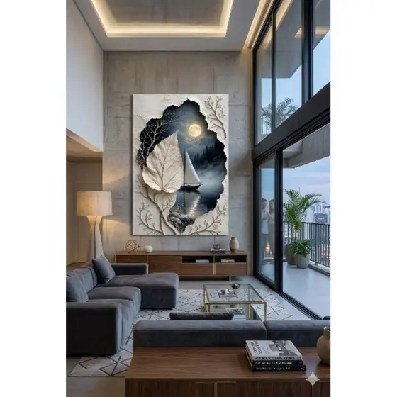 ​Quadro Artístico Paisagem Lunar e Folha em Relevo Visual - Decoração Moderna