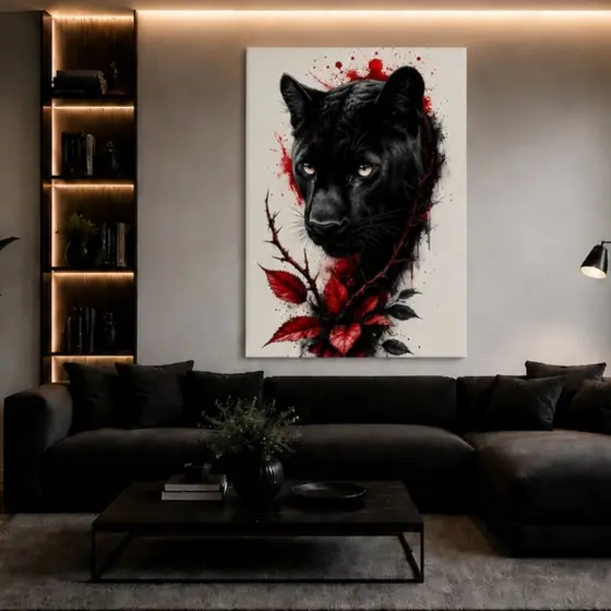 Quadro Decorativo Pantera Negra com Folhas Vermelhas