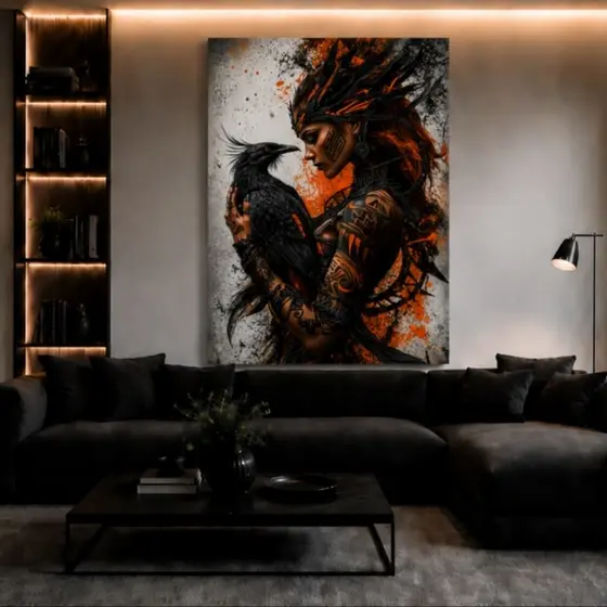 Quadro Decorativo Mulher Tribal com Corvo Preto e Tons Laranja – Arte Moderna Sem Moldura