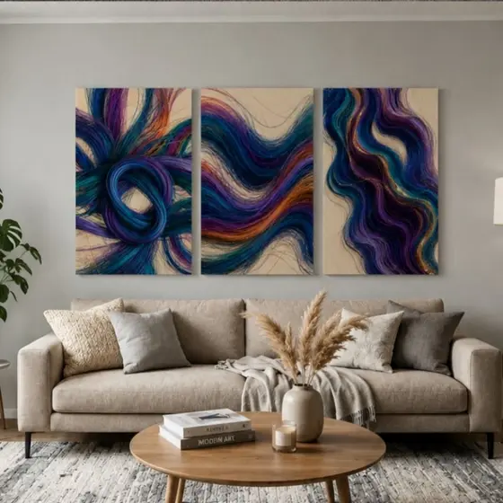 Kit 3 Quadros Decorativos Elegantes Arte Abstrata Premium Tons Azul Roxo e Dourado para Sala fundo creme