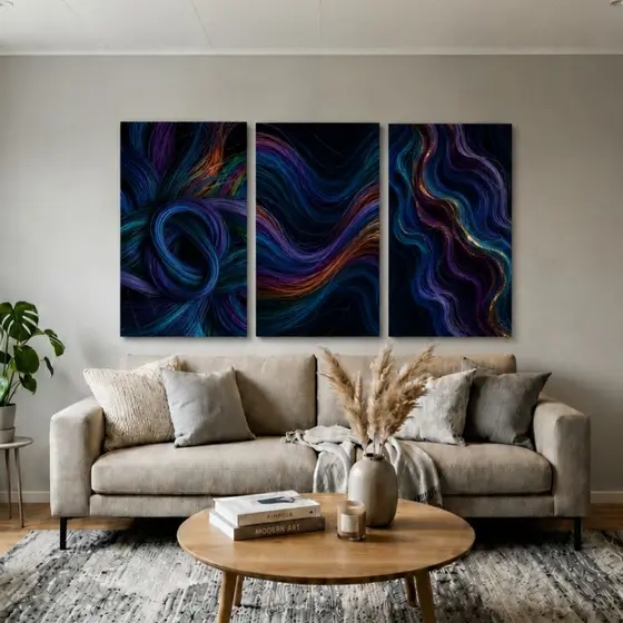 Kit 3 Quadros Decorativos Abstratos Modernos Estilo Luxuoso Azul Roxo e Dourado Sem Moldura