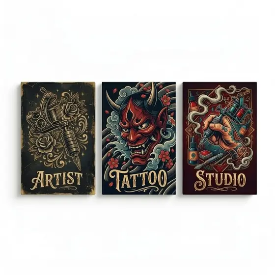 Kit 3 Quadros Decorativos Tattoo Studio Artist Estilo Old School para Tatuador