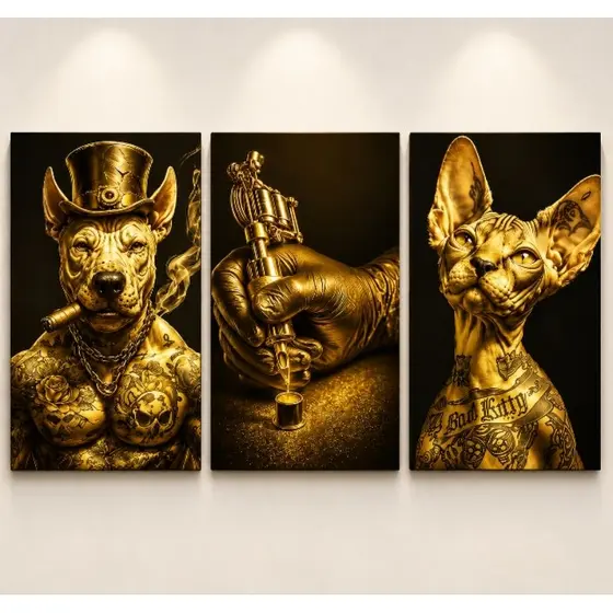 Quadros Decorativos dourado Tattoo Dog & Cat - Estilo Tatuagem Bulldog e Gato Sphynx kit com 3 quadros