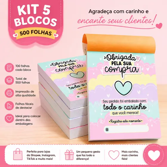 Kit 5 Blocos (500 Folhas) para Agradecimento / Obrigado pela Compra IV