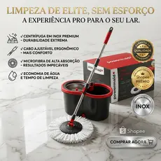 Mop Giratório Duplo 13L Cesto Inox NÃO ENFERRUJA Cabo Regulável Esfregão Microfibra Cerdas Duráveis