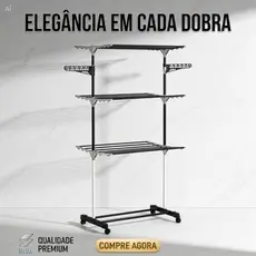 Varal de Chão para Apartamento 3 Andares com Rodinhas Multiuso Suporte Para Cabides Organizador