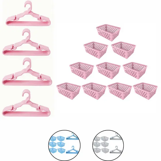 Kit 20 cabides infantil e 10 cestos organizador rosa branco azul bebe guarda roupa