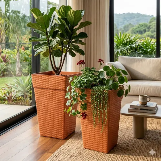 Kit 2 Vasos 17 Litros Coluna Rattan Reforçado Para Plantas e Flores Decoração Para Casa