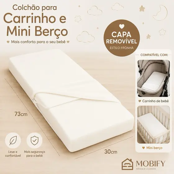 Colchão Para Carrinho De Bebê Moises Universal 73x30cm Capa Removível