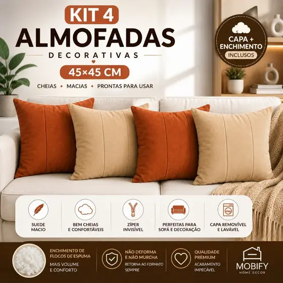 Kit 4 Almofadas Decorativas Cheias 45x45 Suede com Zíper Invisível para Sofá