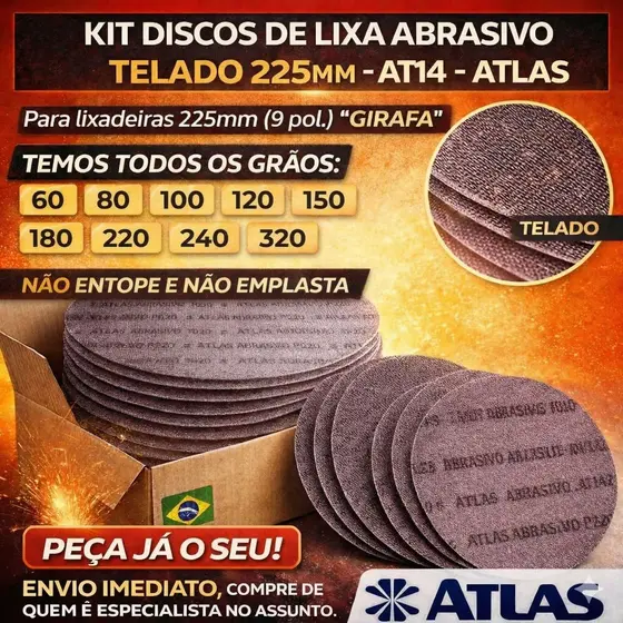 Kit 5 Discos Lixa Telado 225mm Grão 320 Original Atlas Girafa Lixadeira Drywall Alvenaria Gesso