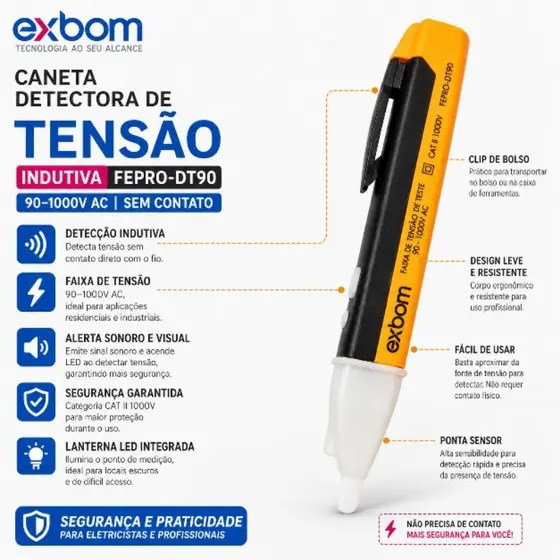 Caneta Detectora Tensão Fase Eletricista Luz Led Bip Teste Voltagem 90v a 1000v FEPRO-DT90 - EXBOM