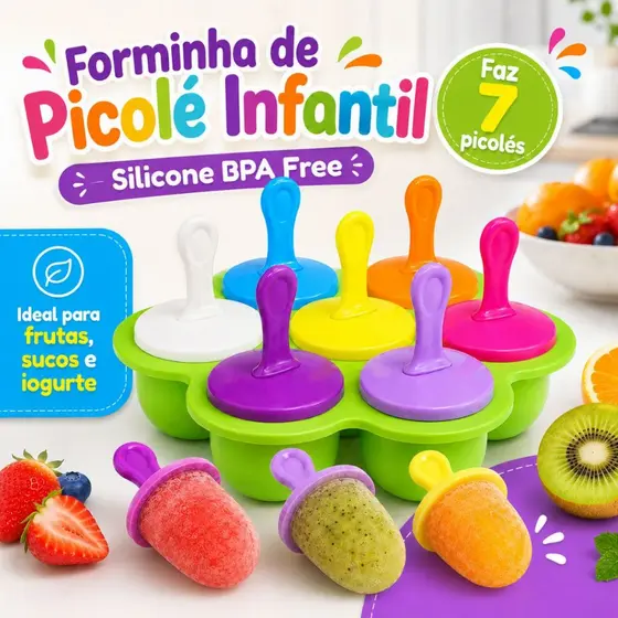 Forminha de Picolé Infantil em Silicone BPA Free com 7 Moldes