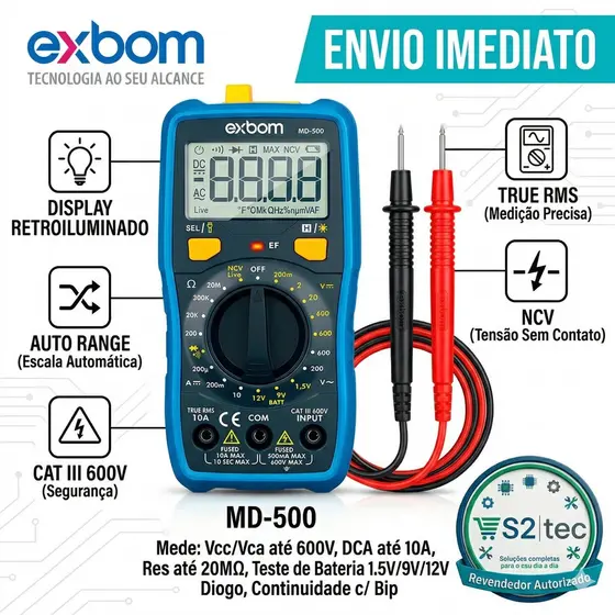 Multímetro Digital EXBOM MD500 True RMS NCV CATIII 600V Profissional Alta Precisão