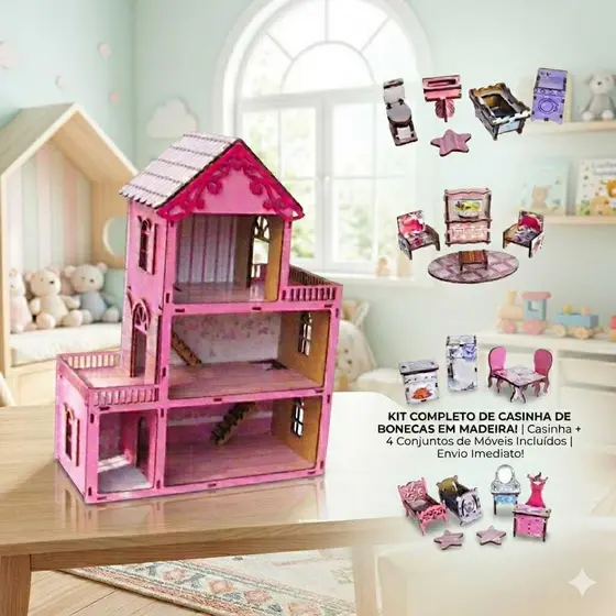 Casinha de Boneca em MDF Colorida Rosa com Kit 20 Mini Móveis Casinha Infantil