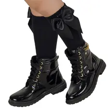 Kit Bota Infantil Feminina Coturno Feminino E Meia Infantil 3/4 Menina Laço