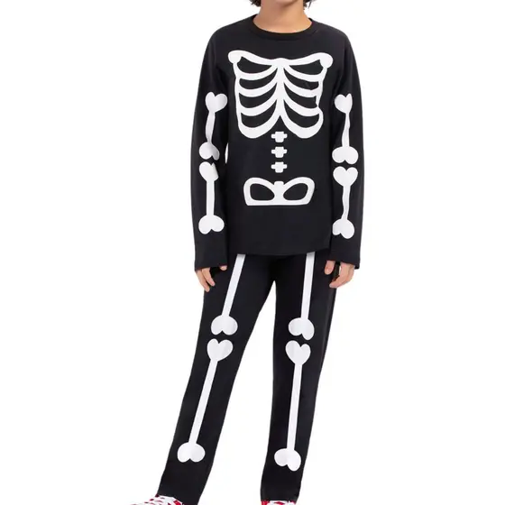 Pijama Esqueleto Infantil Menino Veggi Manga Longa Calça Algodao Inverno Criança Estampa Brilha no Escuro Corpo Humano