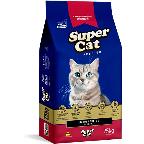 RAÇÃO Kit 3 Super Cat – 3×1 kg | Sabor Carne e Peixe Contém Taurina e Prebióticos