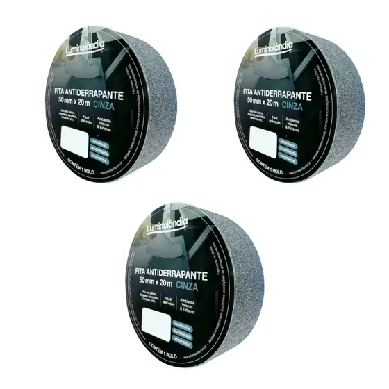 Kit 3 Fitas Adesiva Antiderrapante 20m 50mm Segurança Degrau Escada Rampa Piso Alto Tráfego Abrasiva Cinza