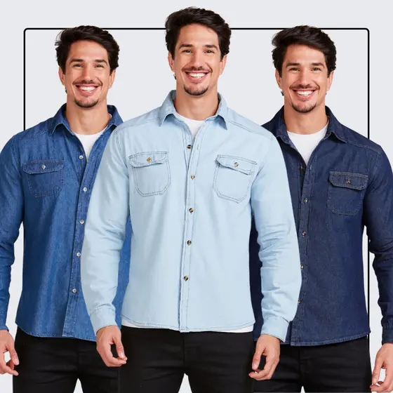 Kit 3 Camisa Jeans Masculina Slim Premium Social