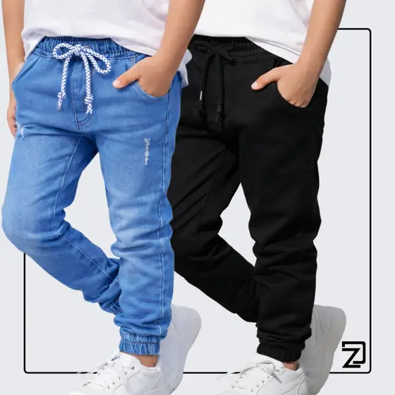 Kit 2 Calça Jogger Punho Jeans Sarja Infantil Masculino