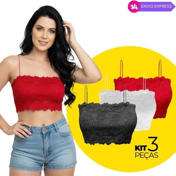 Kit Top Faixa Cropped Feminino de Renda Com Bojo Sutiã Blusinha Rendada